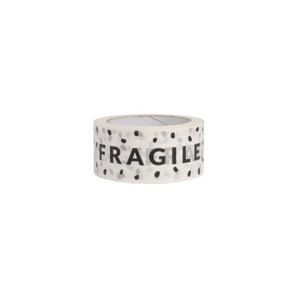 White Paper Tape with Black Fragile Text 50mm x 50m
