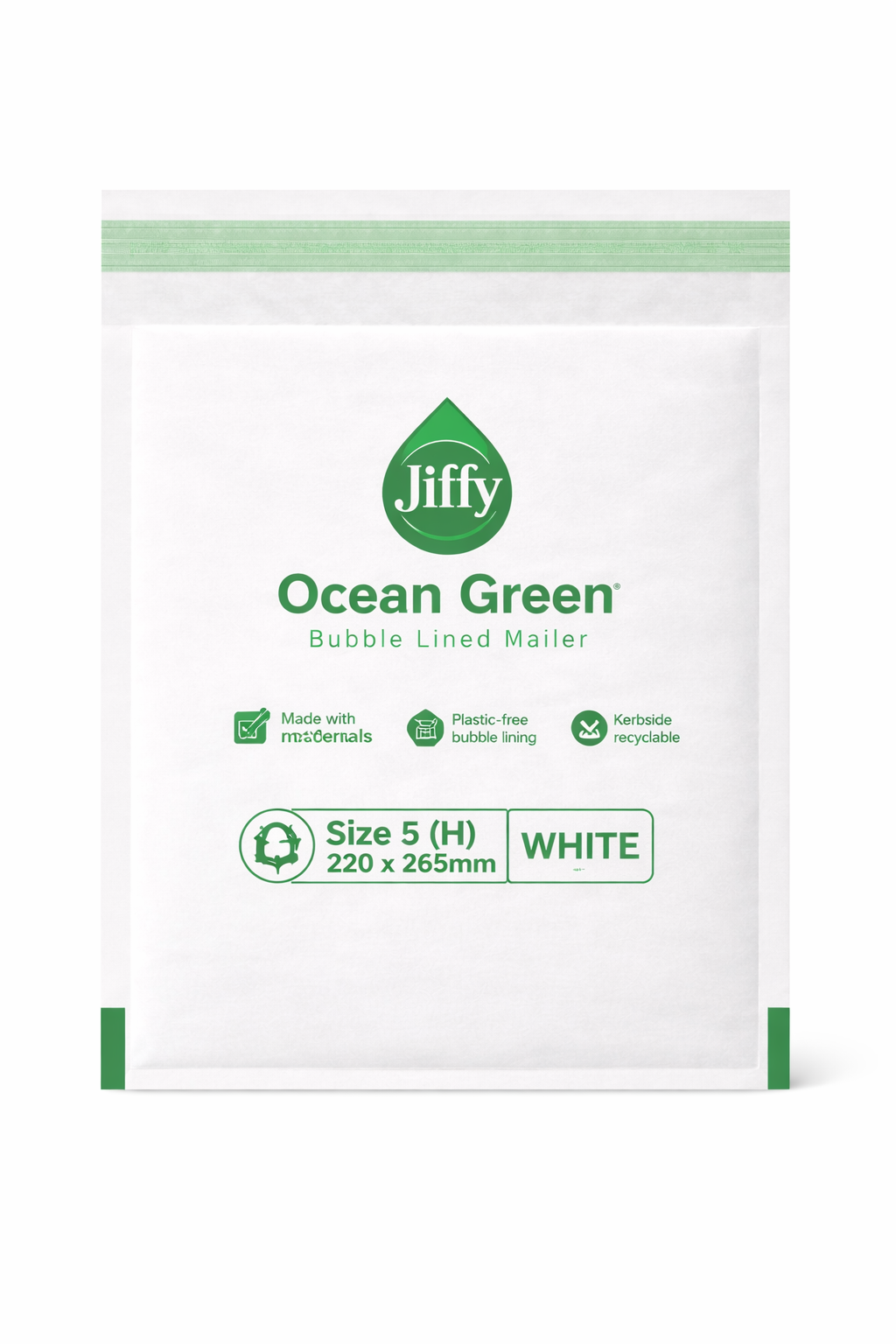 220 x 265mm -5(H) - White - Jiffy Ocean Green Uncoated Bubble Lined Mailer