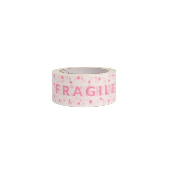 White Paper Tape with Pink Fragile Text 50mm x 50m