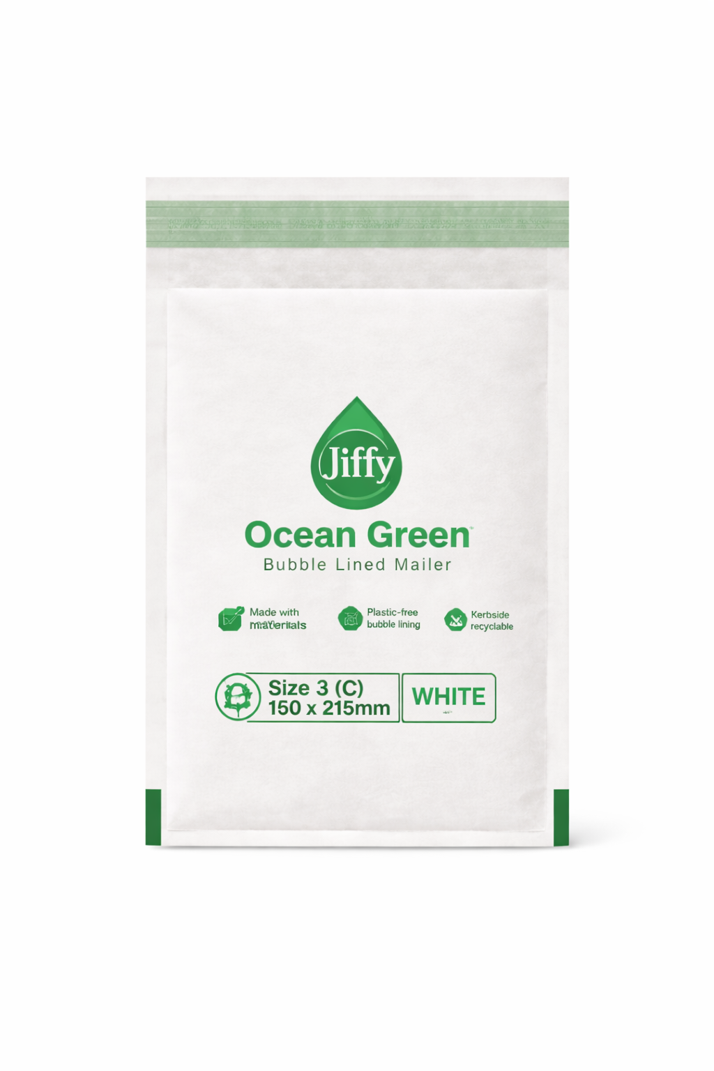 150 x 215mm - 3(C) - White - Jiffy Ocean Green Uncoated Bubble Lined Mailer