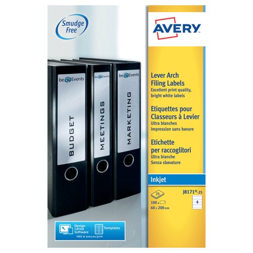 Avery Inkjet L/Arch Filing Labels 4 Per Sheet Wht (Pack of 100)