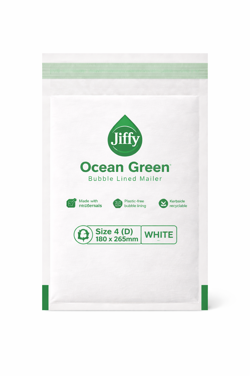 180 x 265mm - 4(D) - White - Jiffy Ocean Green Uncoated Bubble Lined Mailer