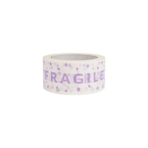White Paper Tape with Lilac Fragile Text 50mm x 50m