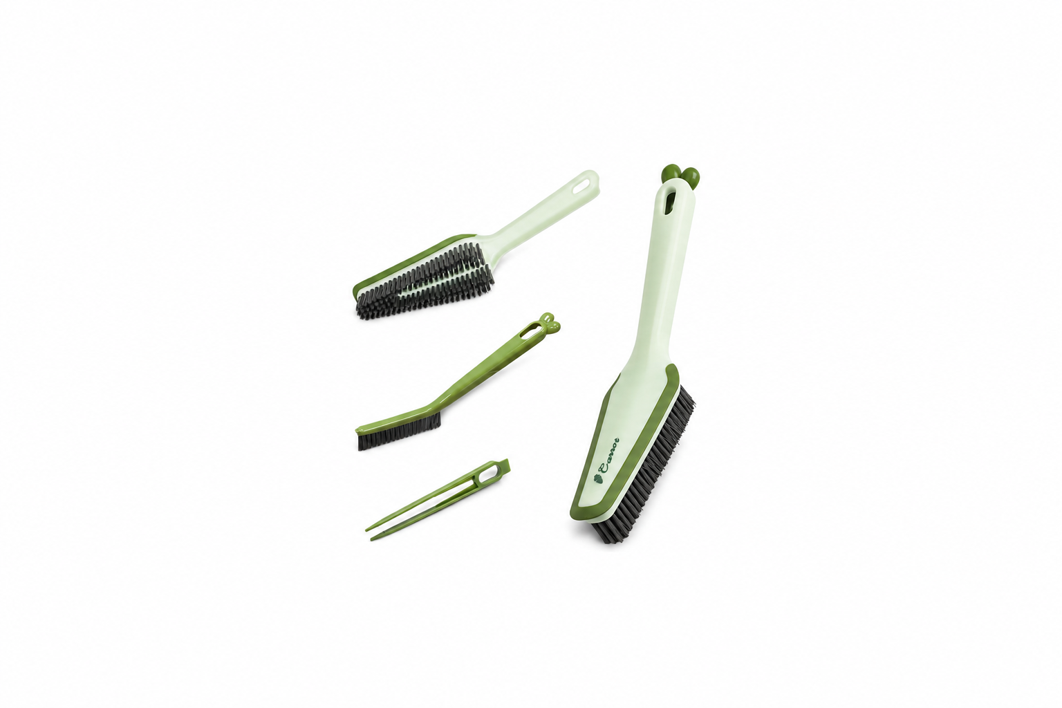 Bathroom Cleaning Brush Set with Handle & Rubber Scraper - Green